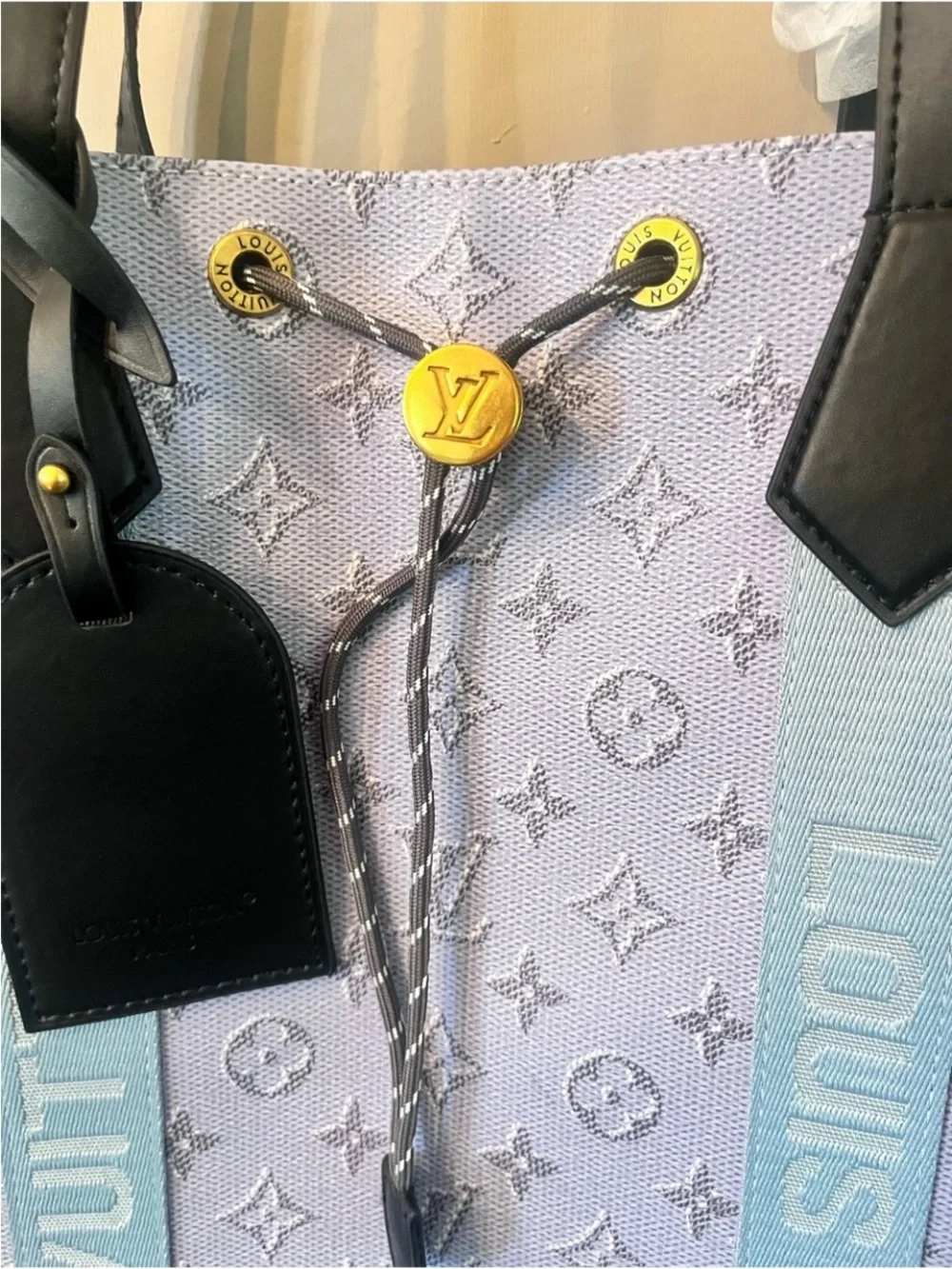 Louis Vuitton look a likeLavender Monogram Tote with Light Blue Straps